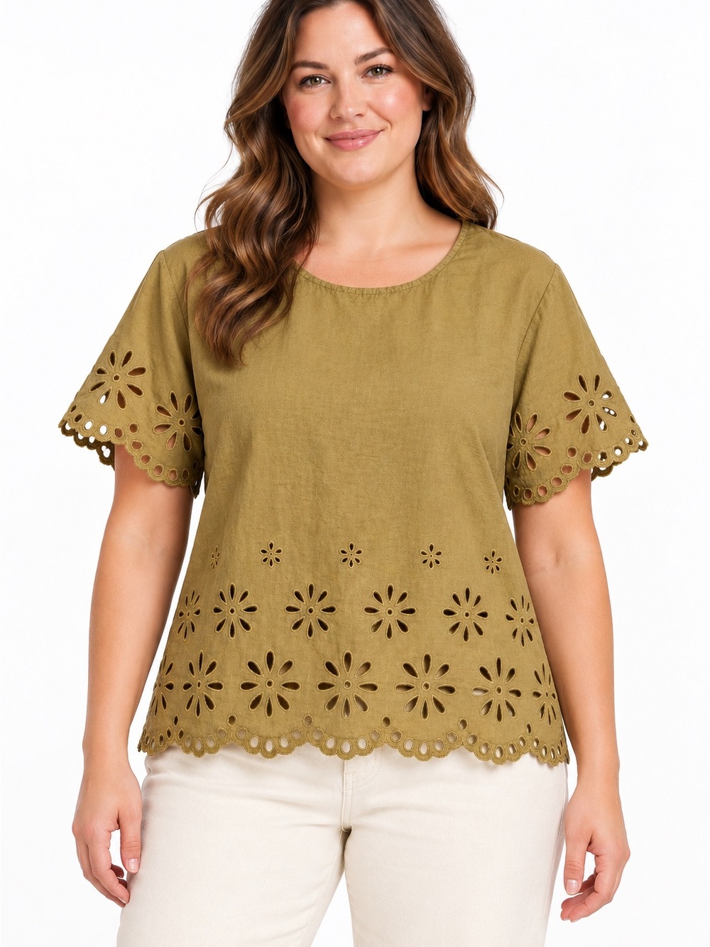 Madewell Olive Linen Blend Floral Eyelet Tie Back Blouse Large